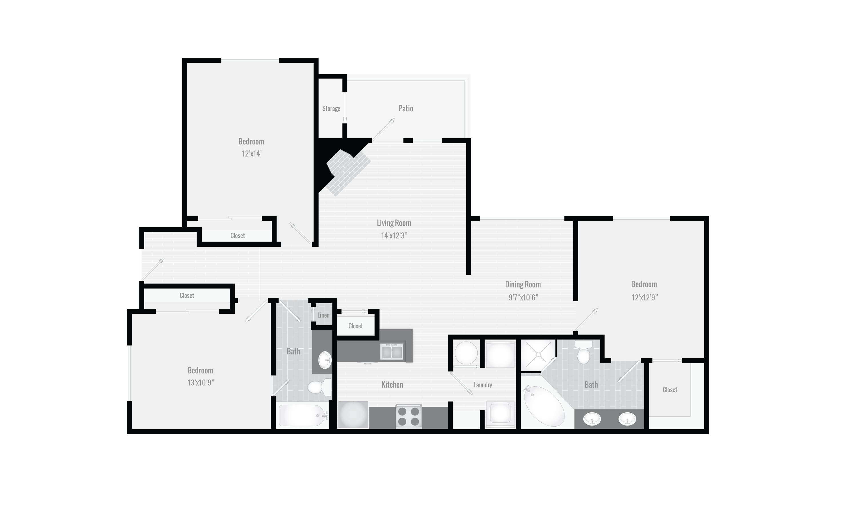 Floor plan for 3 beds, 2 baths, 1415 sqft